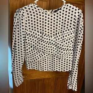 Express long sleeve white black polka dot cropped crossover front blouse size 2
